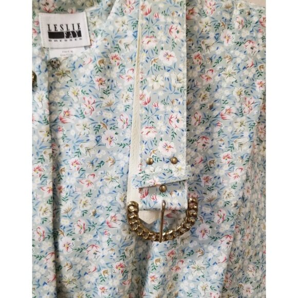 Leslie Fay Vtg Sage Green Pink Floral Cottagecore Belted Pleated Midi Dress 10 - Picture 8 of 8